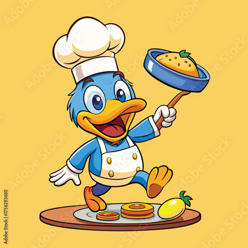 A skilled duck chef flipping an omelet gracefully in a lively kitchen with warm lighting.