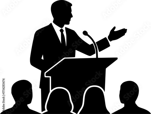 Silhouette of a speaker giving a keynote presentation, professional business conference vector concept representing leadership, communication, motivation, and public speaking