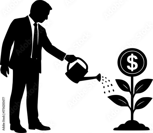 Black and white silhouette of a businessman watering a money plant, creative vector illustration symbolizing investment, growth, finance, success, wealth, and business projects