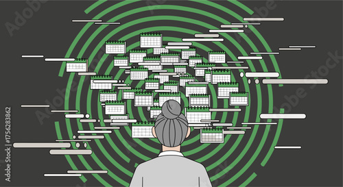 An illustration depicts a person facing a complex array of calendars, surrounded by concentric circles, symbolizing time management and planning.