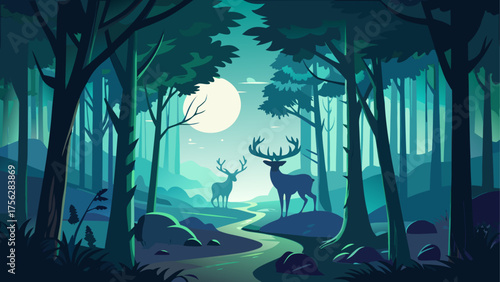 Two deers standing in the dark forest