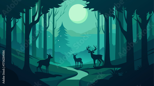 Silhouette deer in the forest at night time