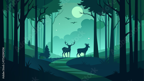 Deer silhouette in a forest at nighttime