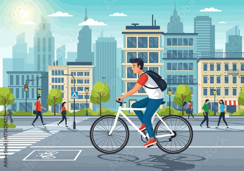 Cyclist riding bicycle on city street illustration