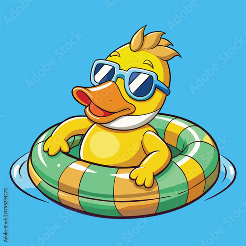 A cool duck wearing sunglasses floating calmly on a colorful pool ring under bright summer light.