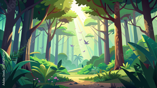 Sunlight shining through dense green forest