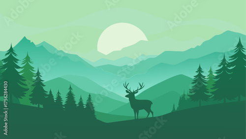 Deer silhouette in a green mountainscape