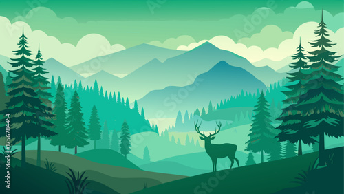 Deer in a forest with mountains in vector