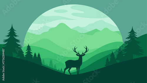Silhouette of a deer in a green landscape