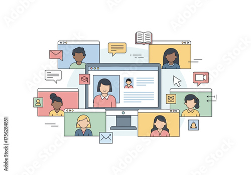 Online meeting interface with diverse participants network communication concept