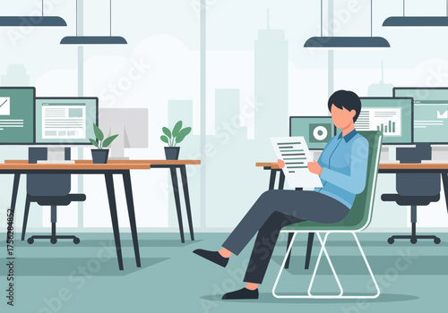 Man sitting in modern office space casual clothing resting contemplating