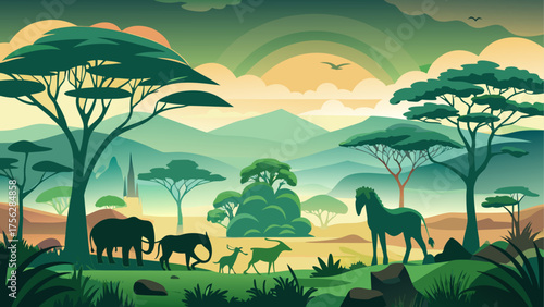 Animals in african savanna landscape view