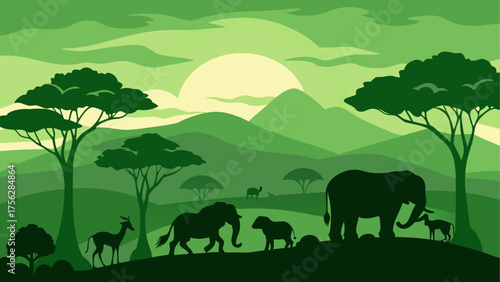 Green scenery with elephants and antelopes