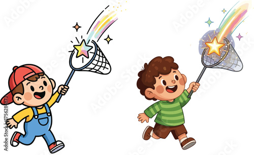 Children chasing shooting stars, cartoon fantasy scene, rainbow trails, playful adventure, magical illustration, joyful motion, colorful sky, dreamlike design