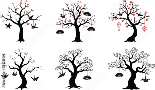 Japanese-themed tree illustrations, origami crane art, cherry blossom design, lantern and fan decor, cultural nature fusion, stylized silhouette set
