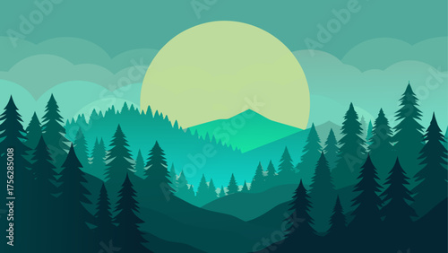 Illustration of a forest with a large sun