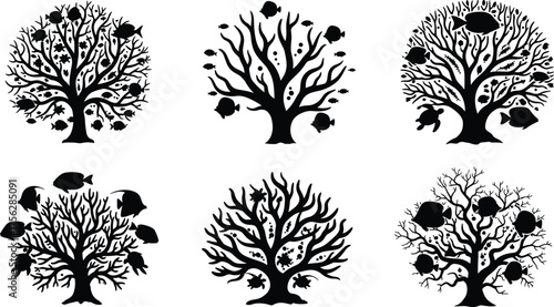 Aquatic tree silhouettes, fish and coral design, underwater nature fusion, black illustration, marine life art, creative ecosystem concept