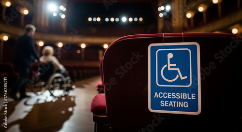 Concert hall features accessible seating as a figure in a wheelchair approaches a designated area