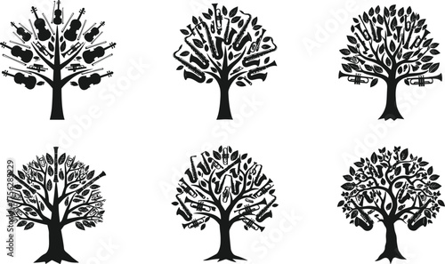 Musical tree silhouettes, instrument-themed art, creative nature design, black and white illustration, music and nature fusion, artistic concept, stylized trees