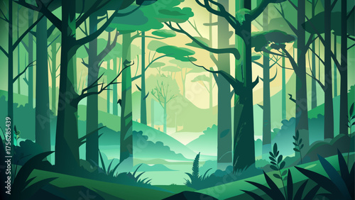 Illustration of a dense green forest view