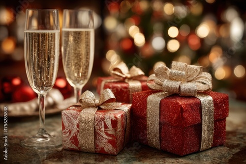 Gift boxes with red paper on a table with glasses of sparkling wine and blurred Christmas tree in the background 