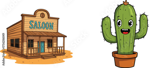 Cartoon Western saloon, smiling cactus character, desert scene, playful illustration, wooden building, fantasy setting, cheerful design, cowboy theme, colorful art