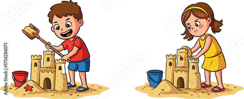 Children building sandcastles, beach playtime, summer fun, cartoon kids, outdoor activity, creative moment, colorful illustration, sand toys, happy childhood