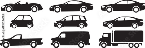 editable scalable vehicle icon set nine side view silhouettes car sedan hatchback suv pickup van semi truck ai eps jpeg png