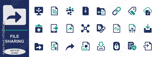 File sharing icon set with upload, download, cloud, sync, secure, folder, and data symbols. Perfect for apps, storage, transfer, network, and digital use.