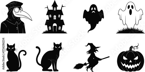 Halloween silhouette set, spooky icons, haunted house, ghost, witch, black cat, jack-o'-lantern, plague doctor, creepy illustration, festive design