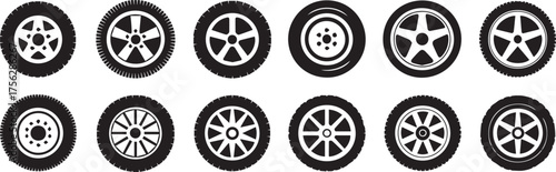 vector car wheels and tires set black and white rim illustrations for automotive design