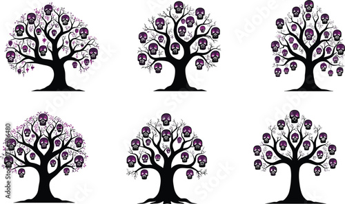 Gothic tree illustration, dark branches, purple skulls, spooky forest art, eerie nature, fantasy silhouette, creepy flora, Halloween theme, abstract design