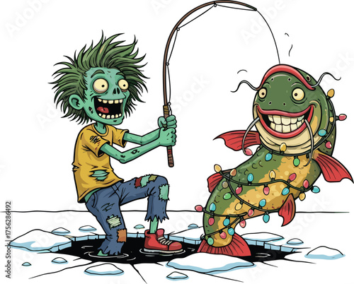 Zombie ice fishing, cartoon winter scene, festive fish, Christmas lights, humorous undead, surreal holiday art, colorful illustration, snow environment