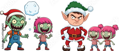 Zombie Christmas characters, festive undead, cartoon holiday scene, Santa hats, angry elf, snowball fight, whimsical horror, fantasy illustration, green skin