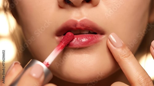 Close up application of vibrant red liquid lipstick and gloss on lips, showcasing beauty and makeup artistry with precision brush for stunning glossy finish