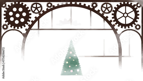 Steampunk archway with Christmas tree and gears Keywords: steampunk, archway, gears, Christmas