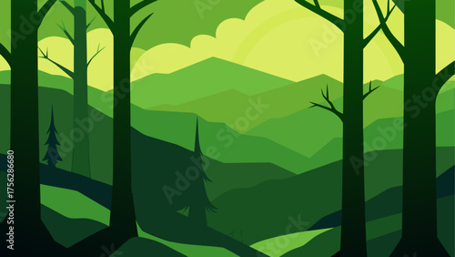 Green forest landscape with mountain view