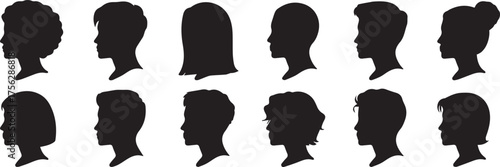 black silhouette head profiles varied hairstyles flat vector set for fashion beauty and UI ai eps png jpeg
