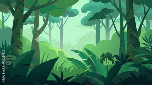 Illustration of a dense green forest view