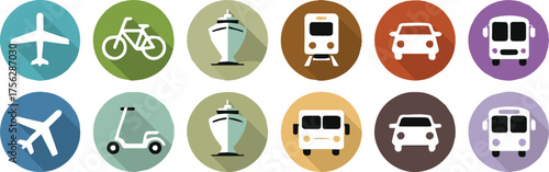 flat transport icons circular silhouettes for web app signage and editorial use airplane bicycle ship train car bus scooter