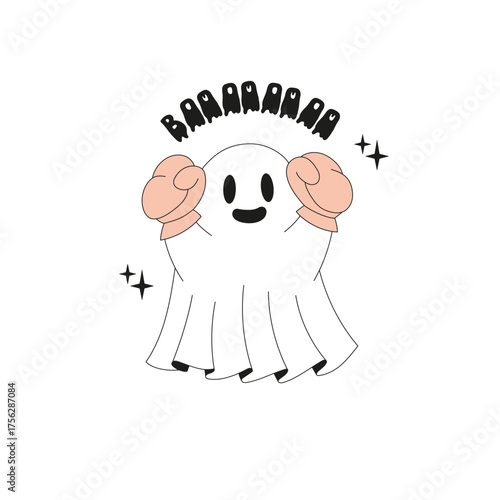 Spooky Halloween Ghosts Boxing Illustration, Cute Sporty Vintage Aesthetic Clipart for T-Shirt Design, Scrapbooking and Stickers
