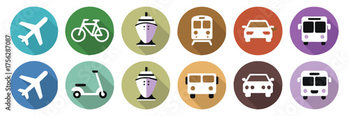 modern mobility icon pack 12 round silhouette transport symbols airplane bicycle ship train car bus scooter ai eps jpeg