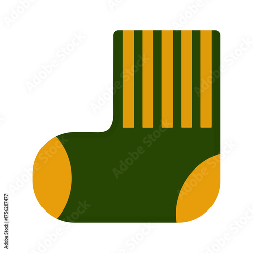 Green Christmas stocking icon with yellow stripes, isolated on a white or transparent background. Vector illustration. Close-up festive element for design decoration.