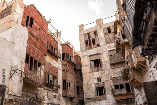 Wooden covered balconies in the historic center of Al Balad in Jeddah, typical of Hijazi architecture