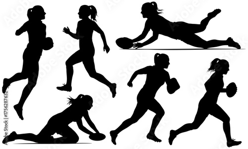 Women rugby player silhouettes in dynamic action poses  running, catching, tackling, and passing ball