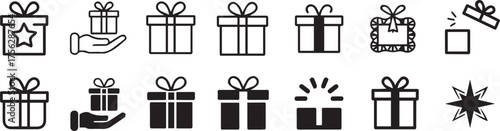 black and white present icons pack 14 styles | ribbon, wrapped box, hands, silhouette and lineart vectors for holiday design