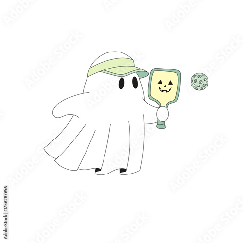Spooky Halloween Ghosts Playing Pickleball Illustration, Cute Sporty Vintage Aesthetic Clipart for T-Shirt Design, Scrapbooking and Stickers