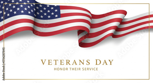 Waving american flag with veterans day message and golden frame border
