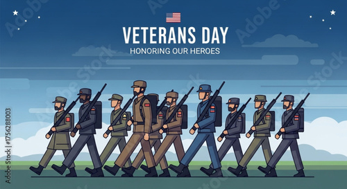 A group of soldiers marching in honor of veterans day illustration