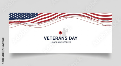 Veterans day banner with american flag, soldier and poppy illustration